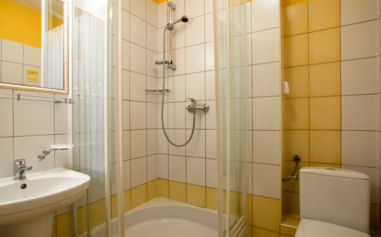 niewielka łazienka z prysznicem w pokoju hotelowym