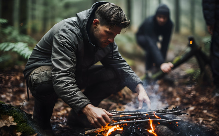 mężczyzna uczy się rozpalać ognisko w lesie