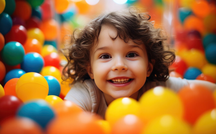 Uśmiechnięty chłopczyk w loczkach wśród kolorowych kulek