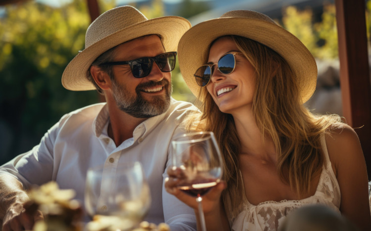 Mężczyzna i kobieta w kapeluszach oraz okularach przeciwsłonecznych degustujący wino