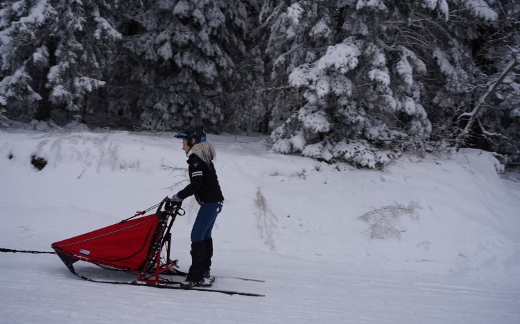 Osoba jadąca po śniegu wózkiem trójkołowym