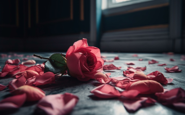 Róża i rozsypane dookoła niej płatki róż