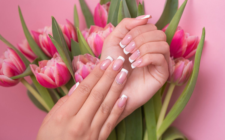 Paznokcie wykonane z stylu french na różowym tle wśród różowych tulipanów