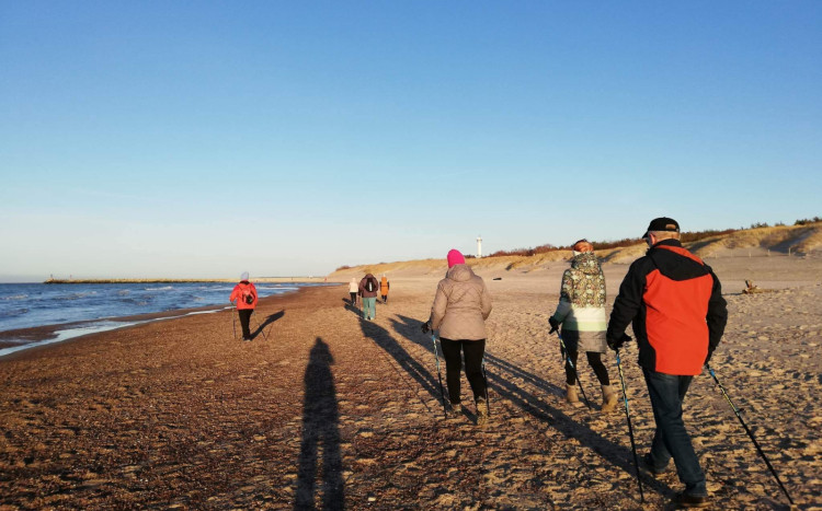 7 osób spacerujących w kurtkach brzegiem morza z kijkami do nordic walkingu