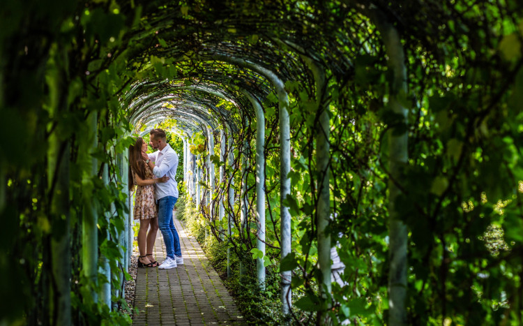 Zakochana para pozująca do zdjęcia w zielonym tunelu z roślin