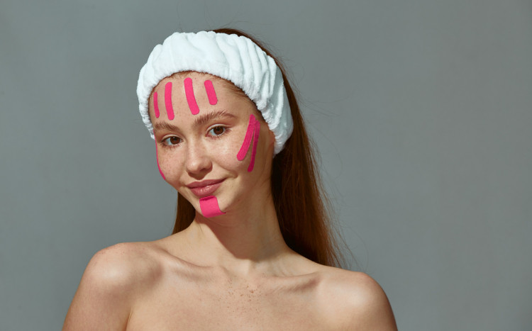 Kobieta z białą opaską na głowie oraz różowymi 