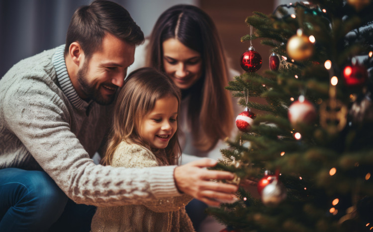 Mama, tata i ich mała córka wieszający bombki na świątecznej choince