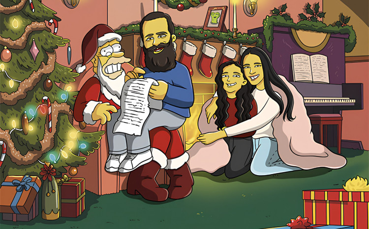 Kreskówka przedstawiająca rodzinę ze Św. Mikołajem podczas świąt