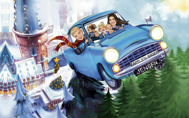 Kreskówka przedstawiająca rodzinę lecącą w samochodzie