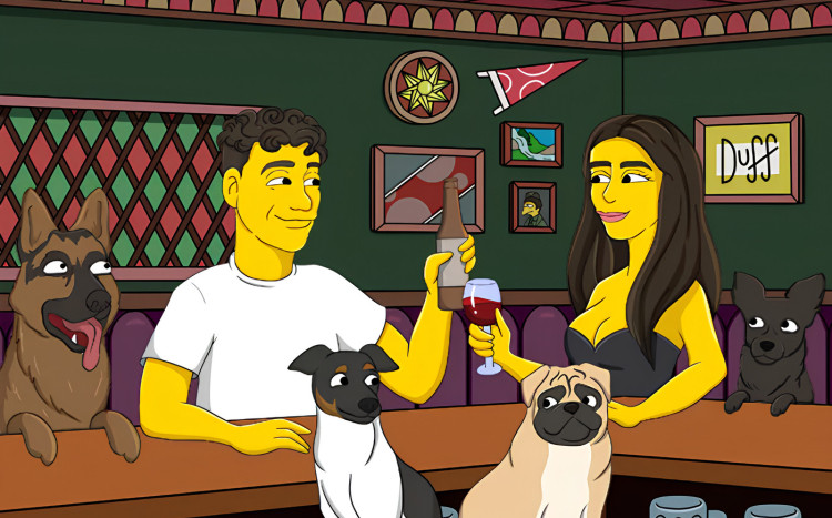 Kreskówka przedstawiająca dwie osoby i cztery psy