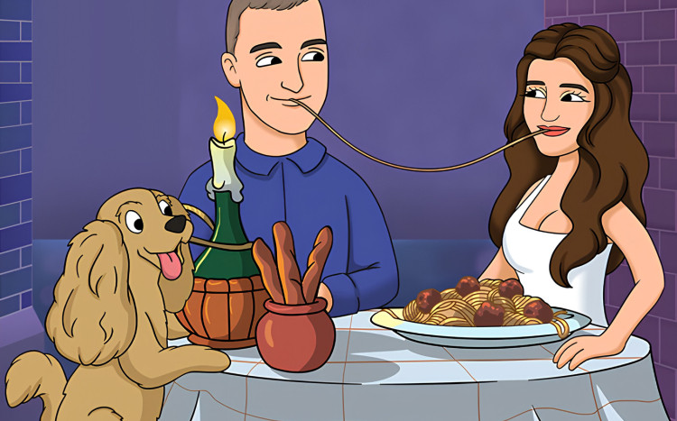 Kreskówka przedstawiająca parę podczas wspólnego posiłku i pieska obok nich