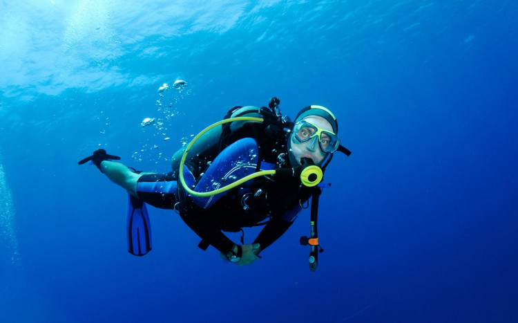 nurek patrzy się w obiektyw aparatu pod wodą