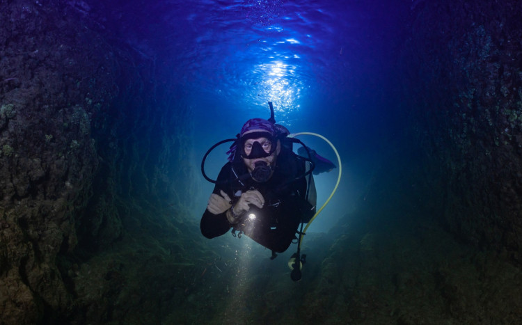 nurek z latarką podczas nocnego nurkowania