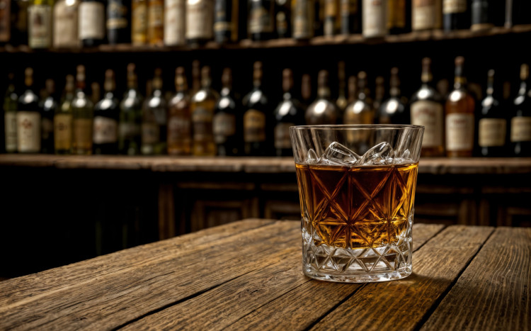 Szklanka w whisky stojąca na drewnianym stole na tle szafek z butelkami