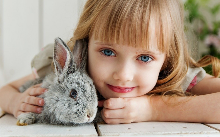 Dziewczynka z królikiem na ziemi.