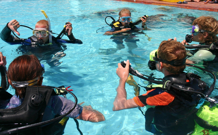 grupa osób podczas nauki nurkowania w basenie
