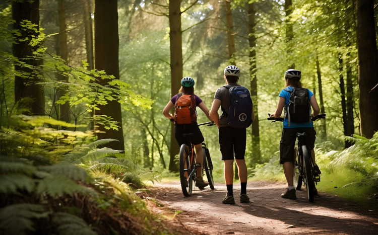 Grupa trzech osób podczas wyprawy rowerowej w zielonym lesie