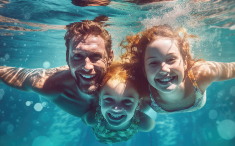 Tata i dwie córki uśmiechnięci pod wodą pozują do zdjęcia